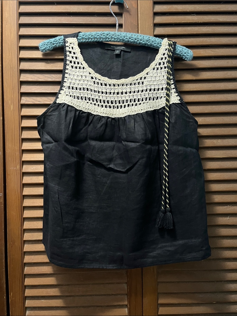Andrew Marc Black Linen Tank with Cream Crochet Yoke